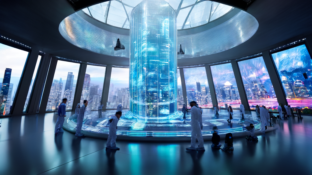 A high-tech lab in a futuristic city where scientists are using the Kosmos system for AI-optimized advertising to precisely reach target audiences and reduce costs.