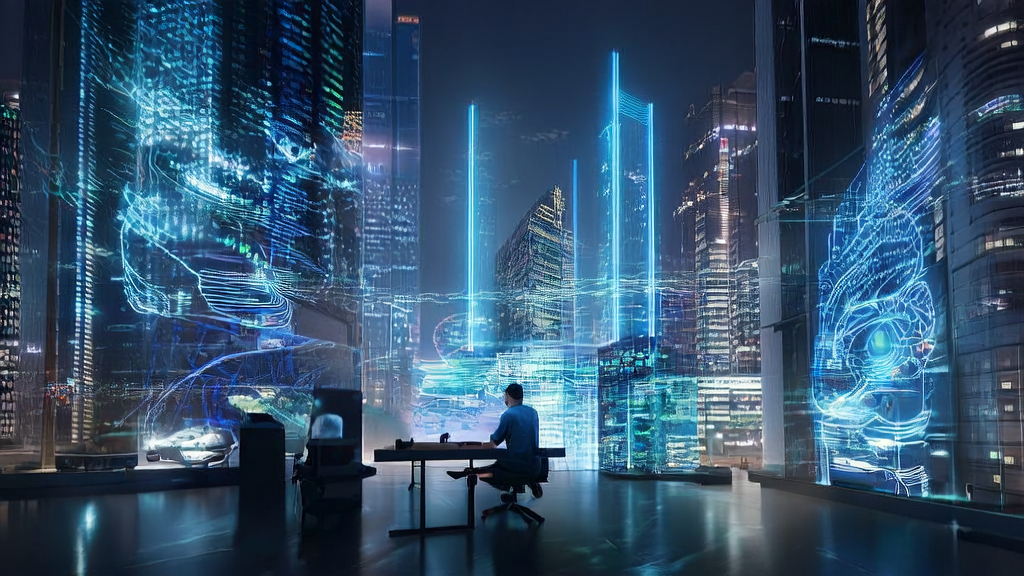 2025年未来城市中的智能办公室，展示AI优化广告投放系统的实时监控画面