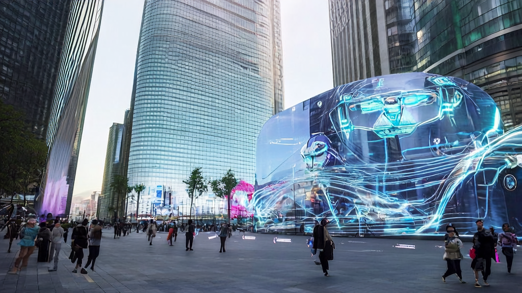 In a futuristic city, AI technology optimizes ad placements to precisely reach target audiences and reduce CPA