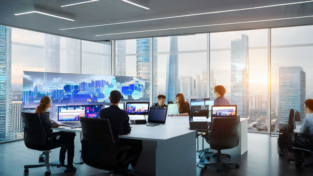Young advertising strategists in a modern office using AI technology for ad optimization, with data visualization charts on the wall and a bustling city skyline outside the window.