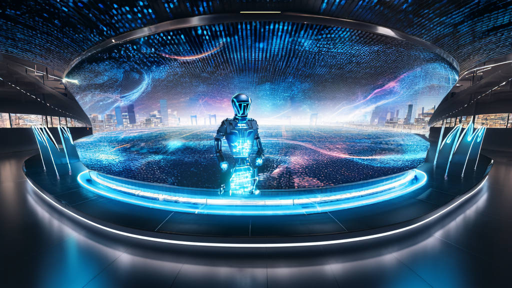 现代化广告控制中心，AI机器人优化广告投放策略，虚拟人物代表目标人群互动