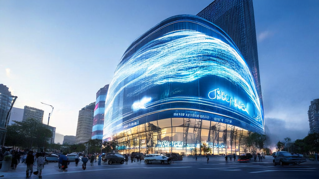 Modern AI advertising optimization center showcasing dynamic ads and a bustling work environment