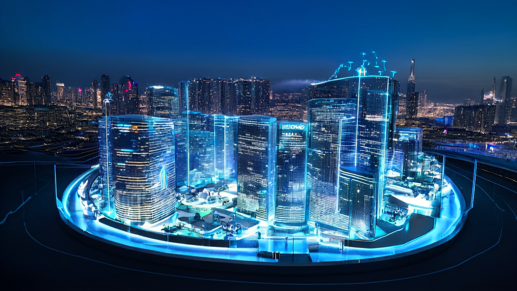 未来城市的广告投放中心，展示AI优化广告投放策略，精准触达目标人群，降低CPA