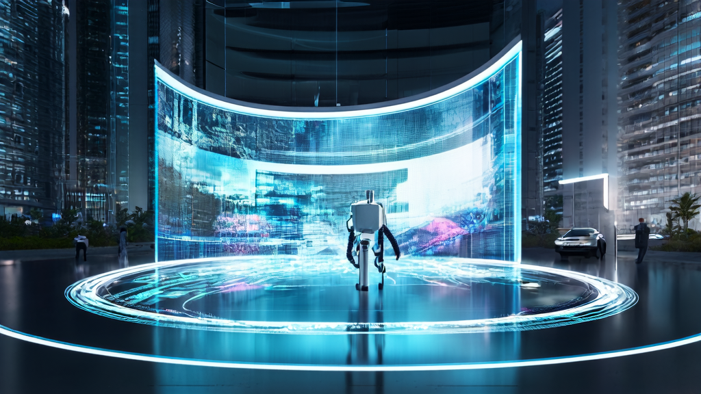 AI advertising optimization control center in a futuristic city, showing real-time data analysis and user profiles