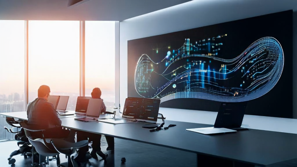 AI优化广告投放控制中心,员工通过大屏幕监控算法模型和数据流,展示科技感和未来感。