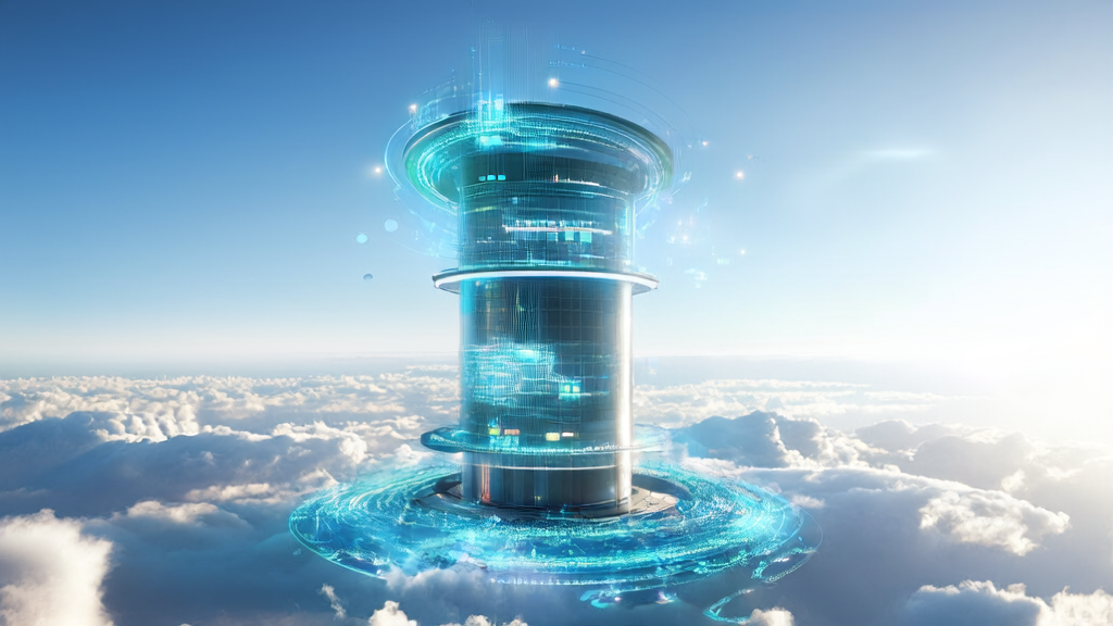 未来科技感的数字广告控制塔，展示AI技术如何优化广告投放，精准触达目标人群并降低CPA。