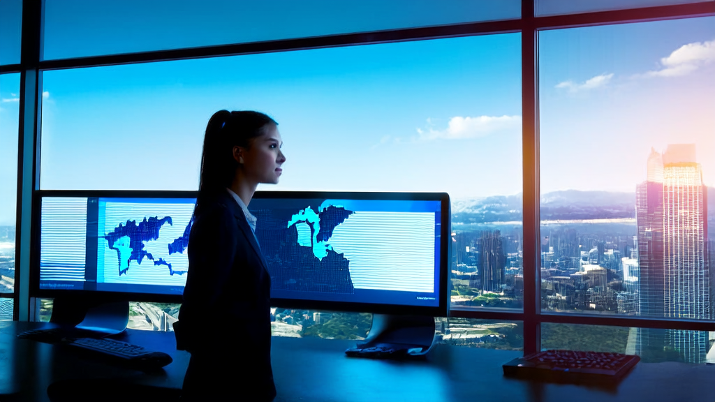 在现代化办公室中,年轻女分析师使用AI技术优化跨境电商广告投放,窗外是繁华的城市天际线。