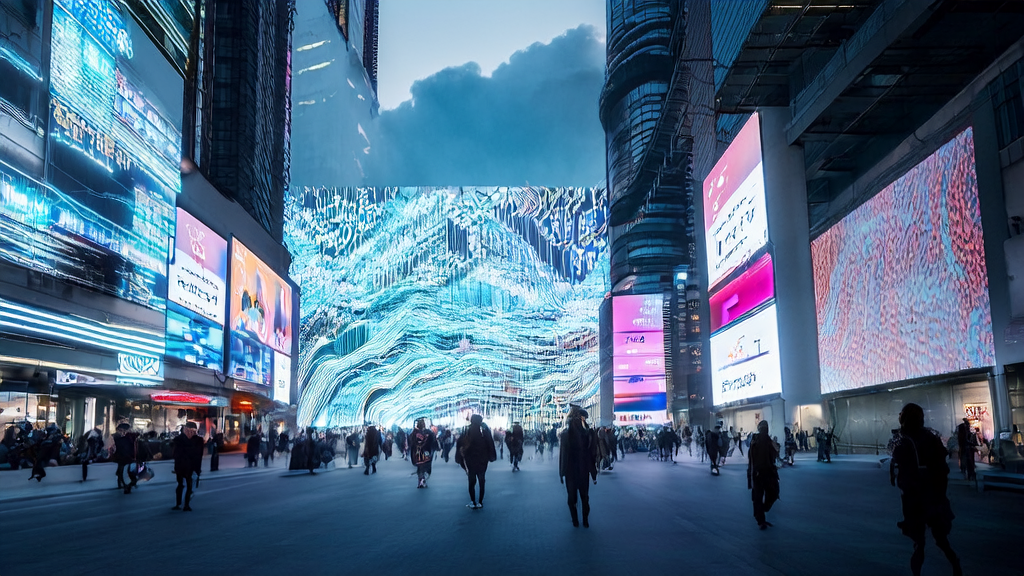 AI-optimized advertising display on a futuristic city street, showcasing cross-border e-commerce products and ad performance data