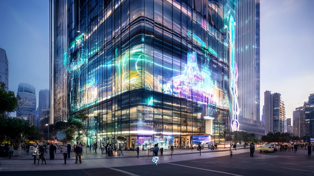 未来城市的高科技大厦内，AI机器人正通过数据分析和实时优化来提升跨境电商广告投放的精准度和效果。