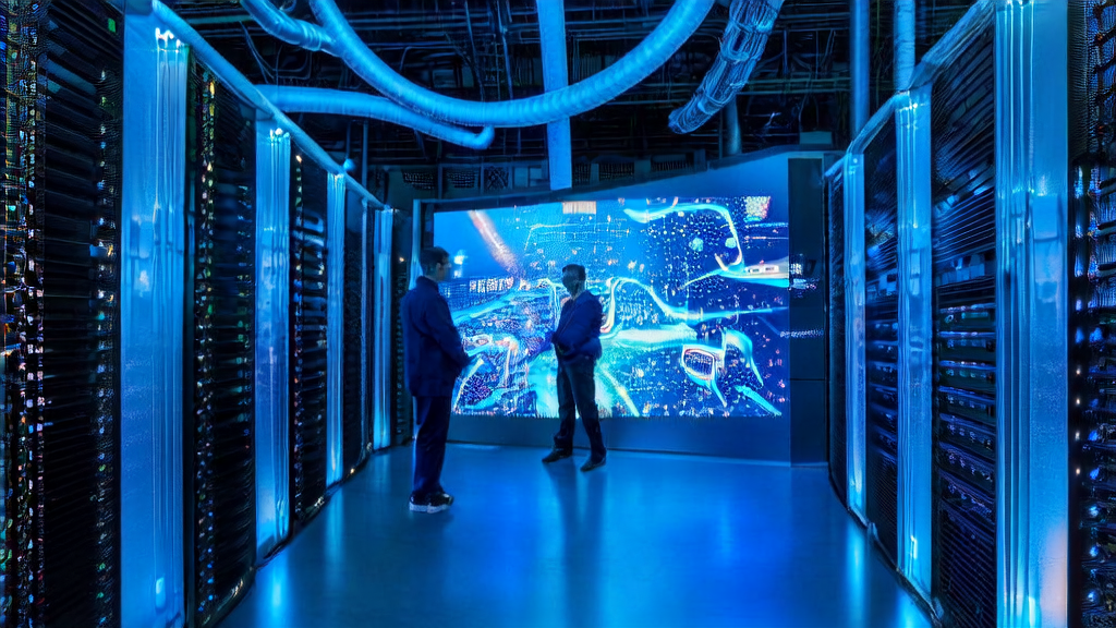 现代化数据中心内部，展示英伟达与德国电信合作的AI广告优化系统