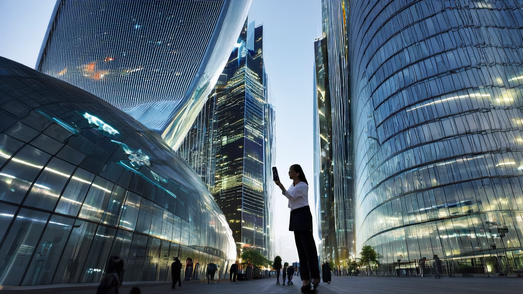 A futuristic city scene showcasing AI-powered advertising, highlighting how personalized ads efficiently reach target audiences and reduce costs