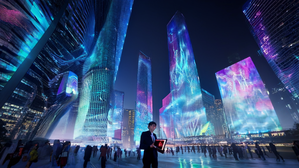 在未来的城市中,AI技术优化广告投放,精准触达目标人群并降低CPA,同时音乐AI艺术家Xania Monet在舞台上表演。