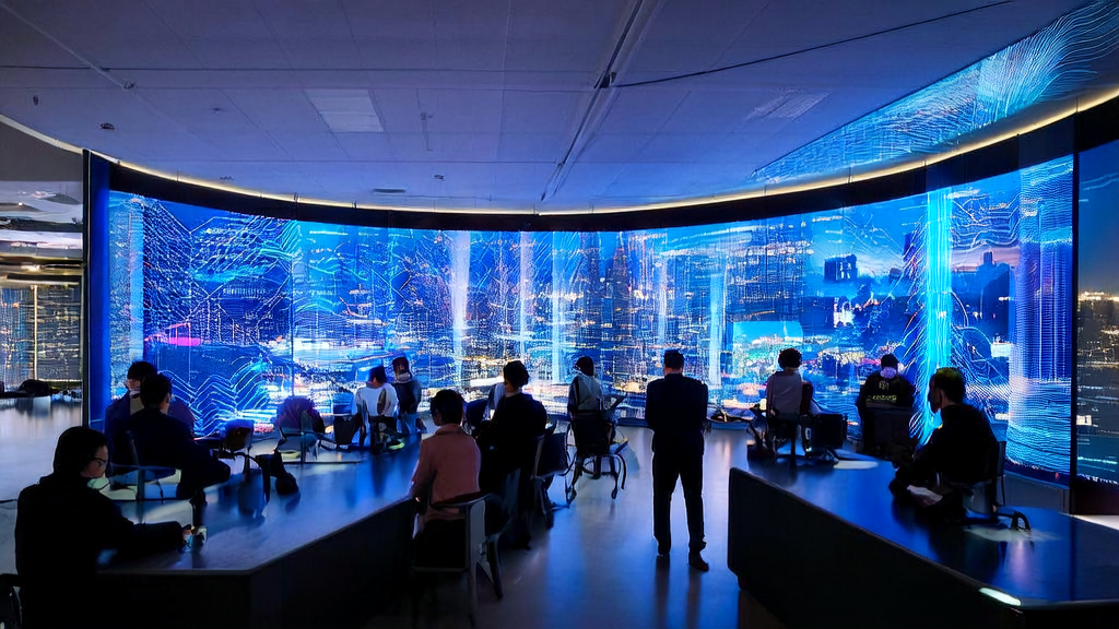 现代化办公室内，工程师们利用AI技术优化跨境电商广告投放，实时监控效果和用户反馈