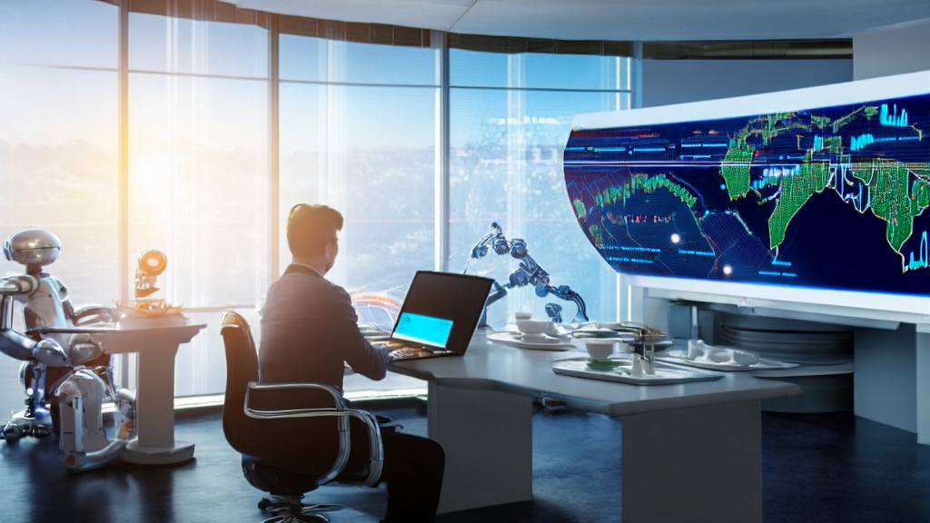 Sunlight illuminates a modern office where entrepreneurs are using the AlphaShop AI to optimize cross-border e-commerce advertising strategies