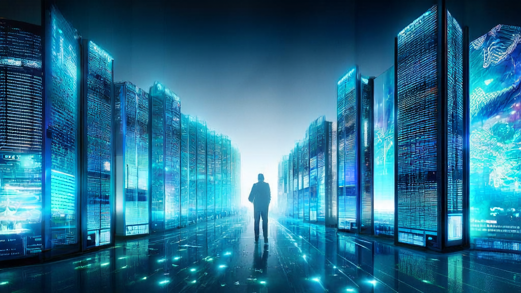 Modern data center in a futuristic city showcasing the process and effectiveness of AI-optimized advertising