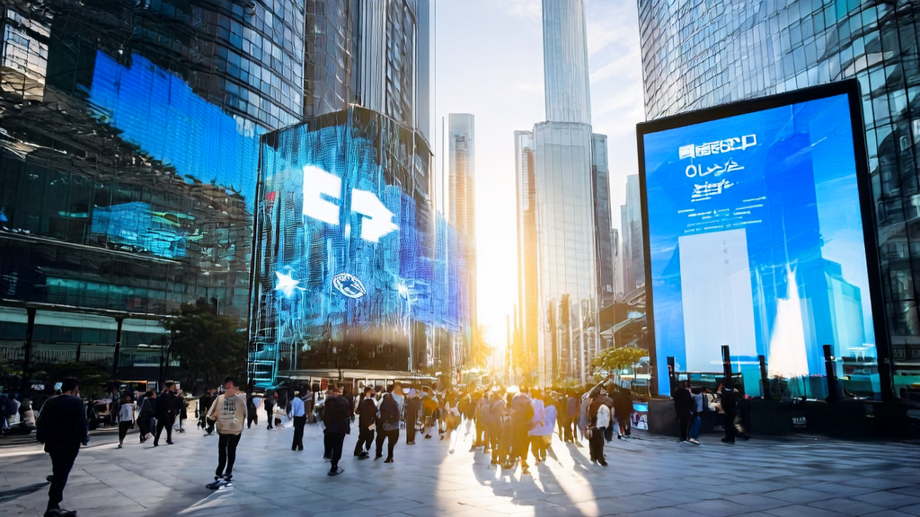 现代城市中,通过AI技术优化的广告屏幕精准吸引路人注意,展示个性化广告内容。