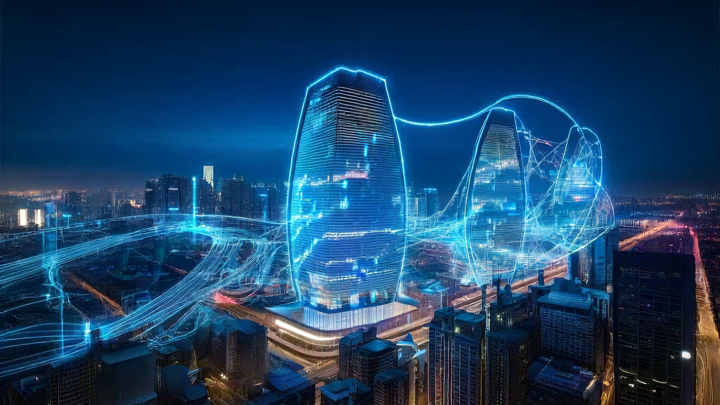 未来城市的AI广告投放中心,展示AI技术如何优化广告投放并实现精准营销。