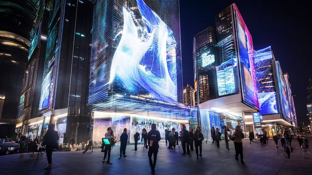 Night scene of a futuristic city with high-tech billboards and interactive ads showcasing AI-optimized advertising placement