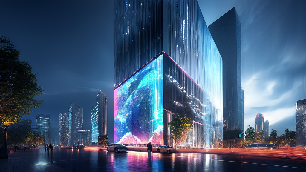 AI advertising optimization in a futuristic city, showcasing the Hailuo2.3 model and precise ad targeting