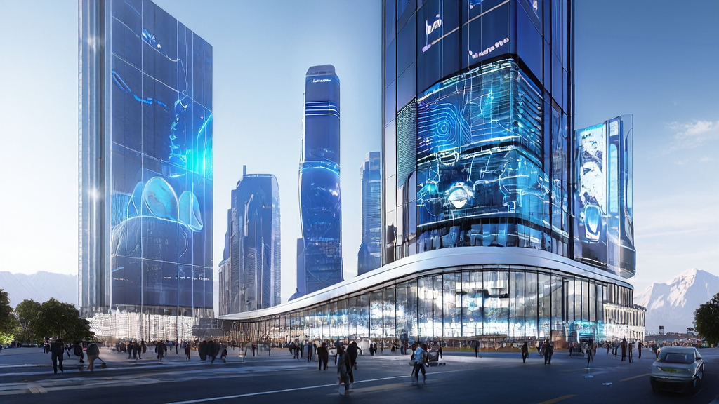 In a futuristic city, an AI-optimized advertising center operates efficiently with intelligent robots processing ad data in real-time, featuring the prominent Geostar logo.