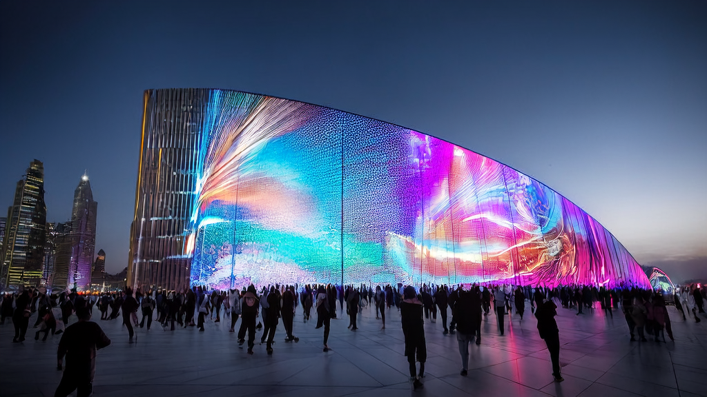 未来城市的广告屏幕展示AI生成的个性化广告内容,吸引路人驻足观看。