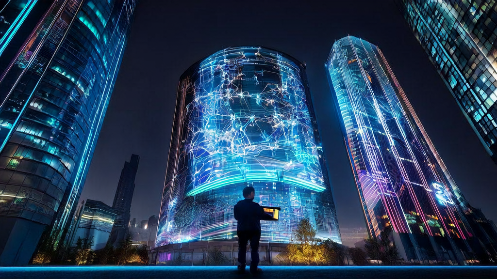 未来城市的AI广告优化场景，展示科技与广告投放的融合