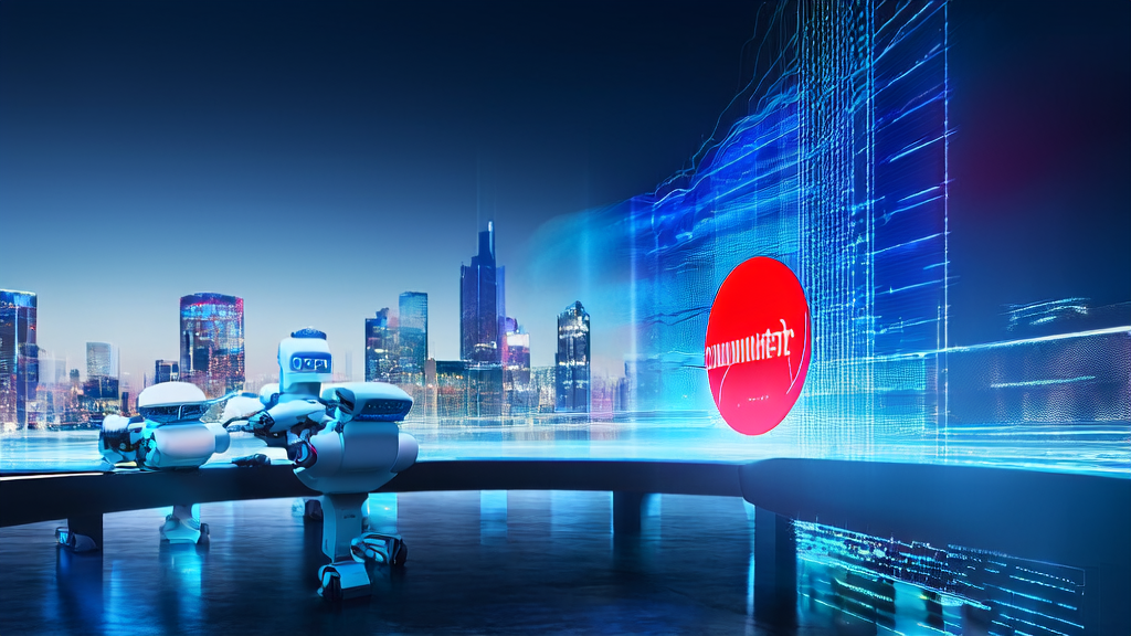 未来城市的广告投放中心,智能机器人在控制台前分析并优化广告投放策略,展示了AI技术在广告领域的应用。