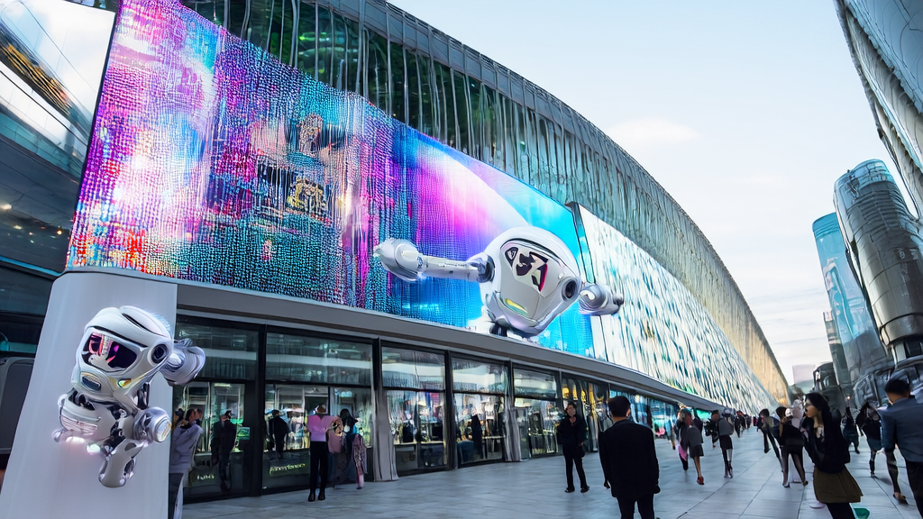 Smart robots optimizing advertising placement using AI technology in a futuristic city, precisely reaching target customers and reducing CPA