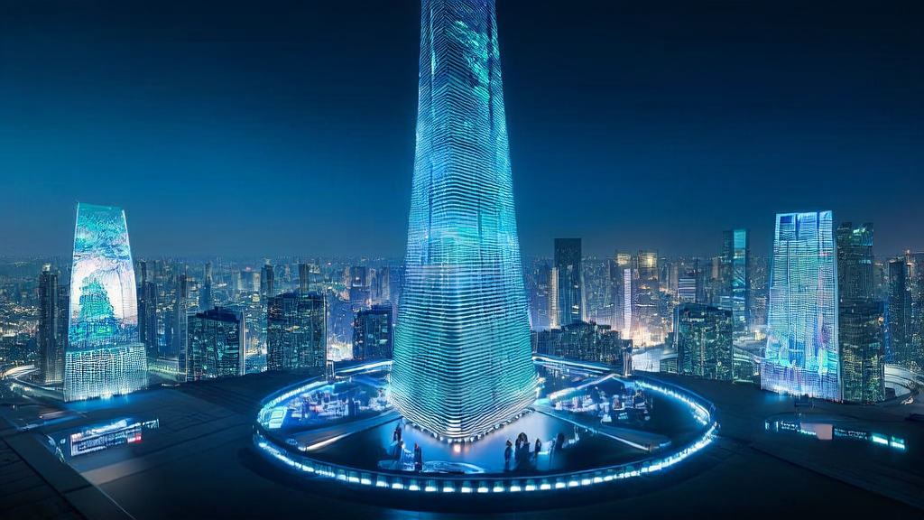 AI advertising optimization hub in a futuristic city, showcasing the application of AI customer prediction models