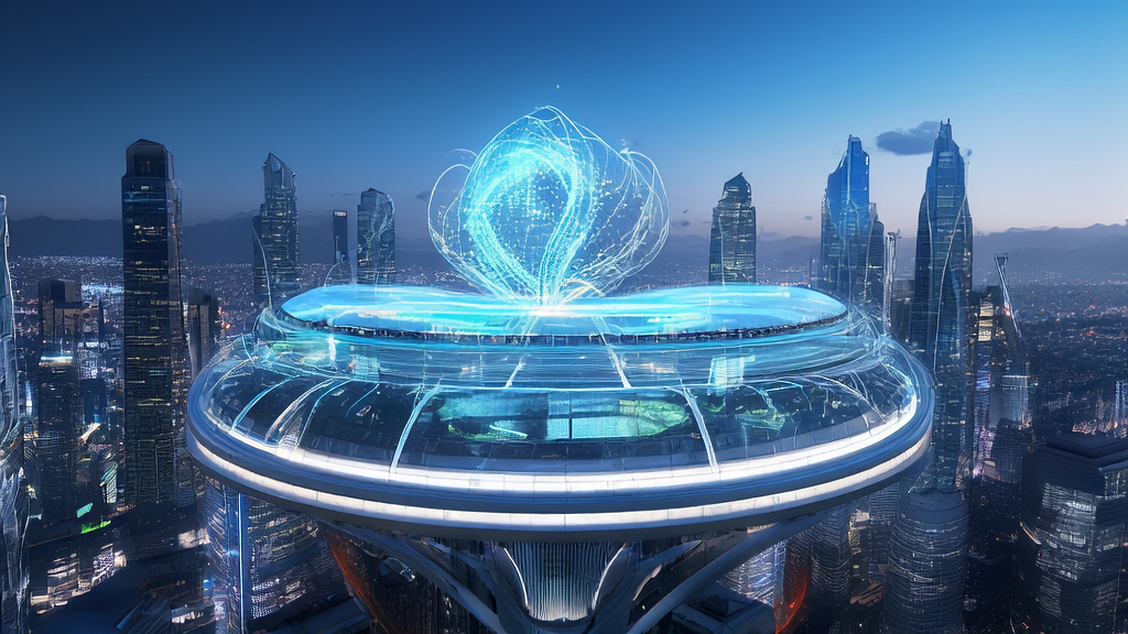 A futuristic control room in the city center showcasing AI-optimized advertising technology, with an analyst monitoring real-time data through smart glasses to achieve precise audience targeting and reduced CPA