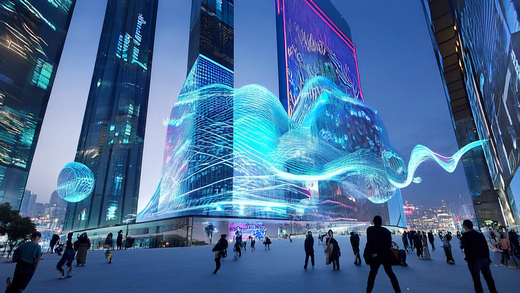 未来城市中，智能广告牌展示动态广告创意和数据分析图表，年轻广告分析师站在屏幕前，人群手持设备接收个性化广告推送。