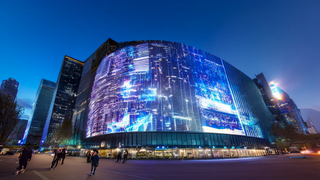 In the heart of the city, a skyscraper screen displays AI-optimized advertising, while an entrepreneur uses the Replit platform for real-time data analysis and ad strategy adjustments.