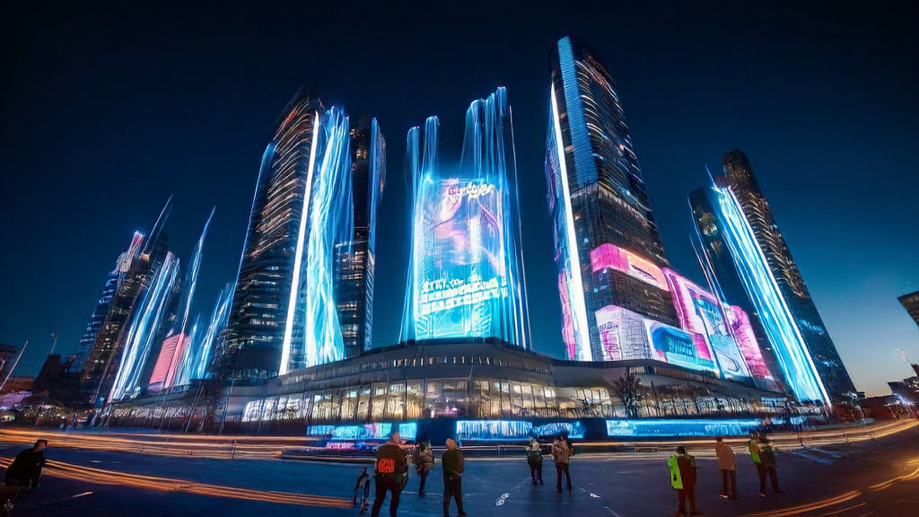 夜晚的城市中,巨大的数字屏幕展示着AI优化的广告,行人们收到个性化推荐。