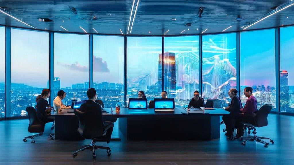 现代化办公室中团队讨论AI优化广告投放策略，屏幕上显示实时数据和代码