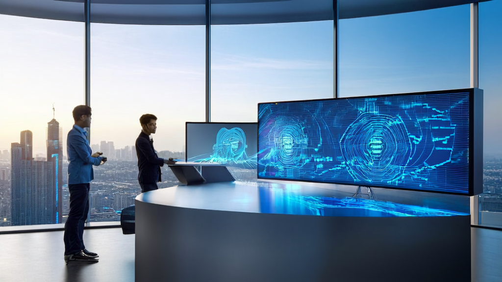 现代化办公室中工程师们使用AI技术优化广告投放