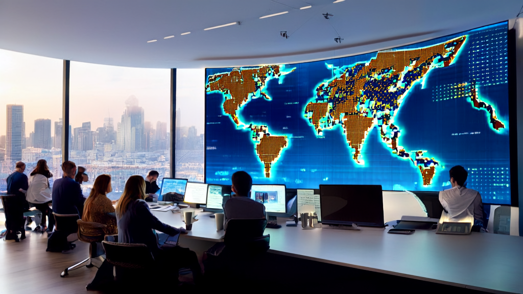 Employees in a modern office using AI technology to optimize advertising placements and enhance overseas marketing effectiveness