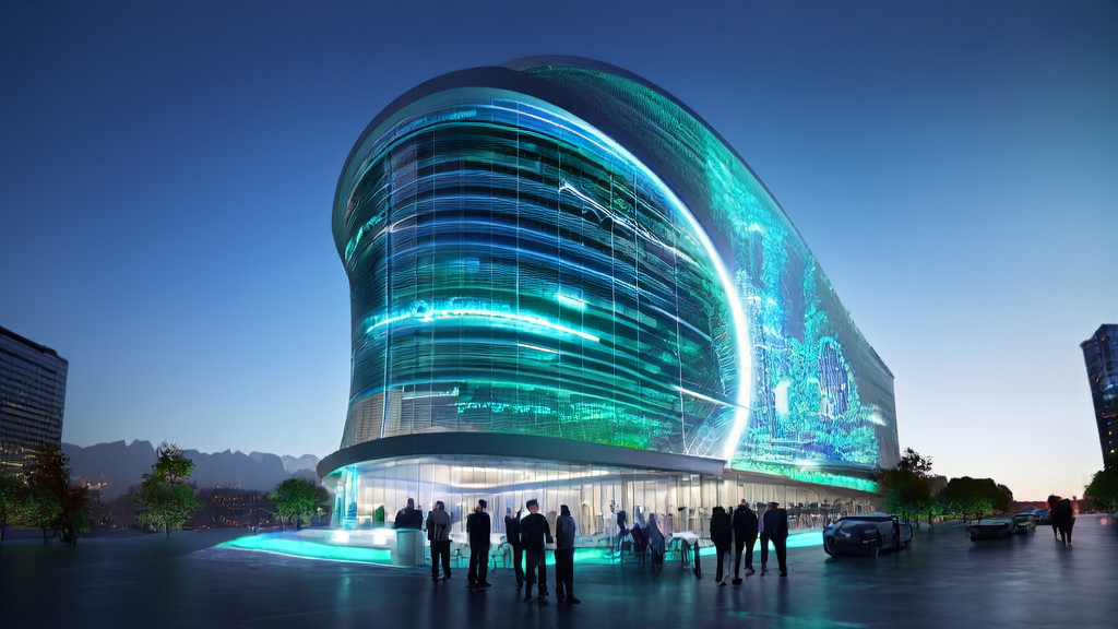 AI advertising optimization lab in a futuristic city, showcasing real-time data analysis and young entrepreneurs discussing strategies