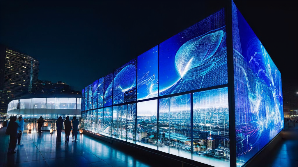 A well-lit advertising company at night where employees are using AI tools to optimize ad placements, with NVIDIA and Samsung's AI factory visible outside