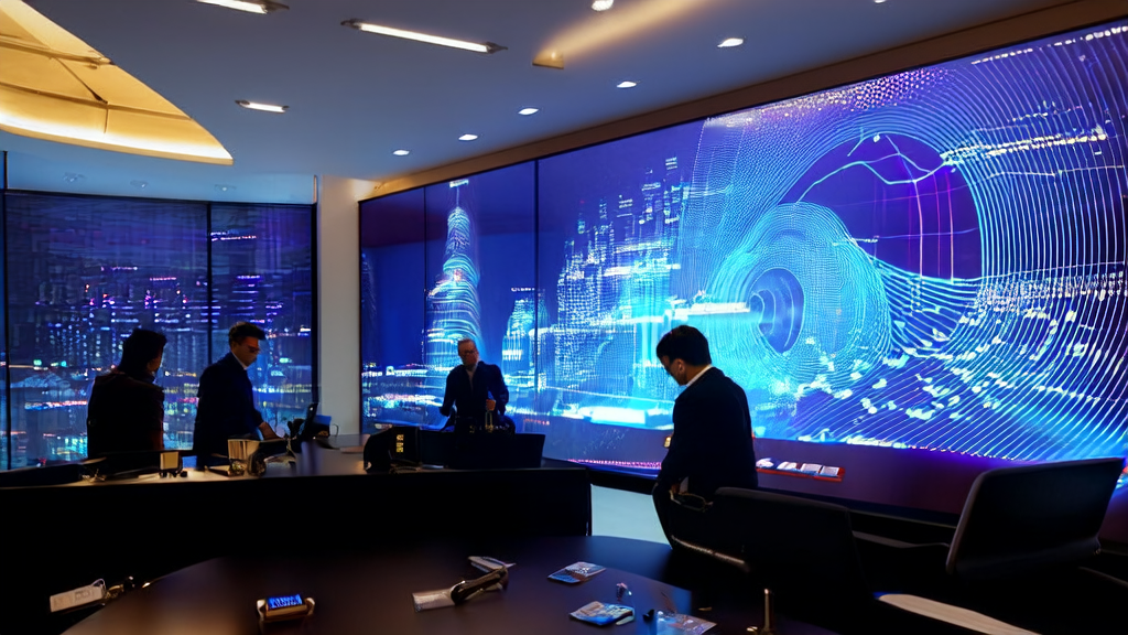 办公室内分析师们正在讨论AI优化广告投放策略,背景墙上显示全球金融市场波动及Claude金融版数据处理画面。