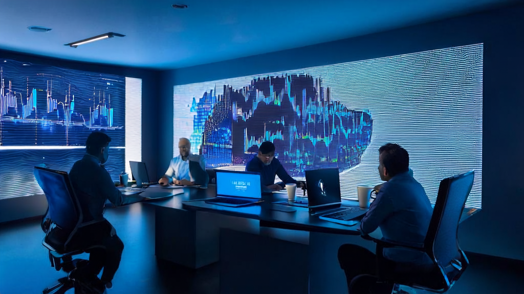 Modern office where data analysts use AI technology to optimize advertising campaigns, with Google Gemini's NotebookLM feature displayed on screen