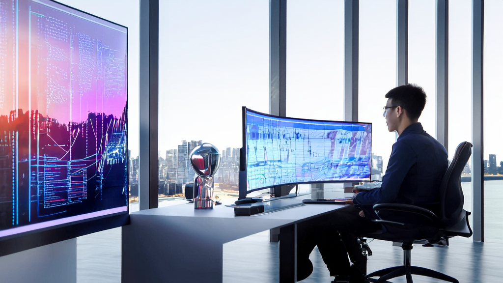 Engineers discussing AI advertising optimization strategies in an office with a city skyline and Apple brand trophy in the background