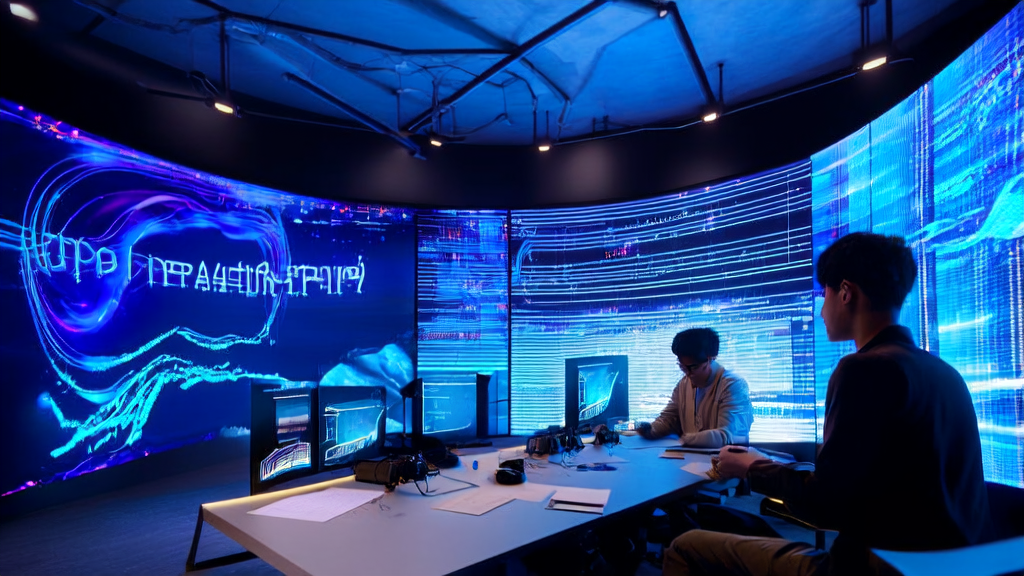 Engineers analyzing AI-optimized advertising results in a high-tech office, with Meta's new product Vibes displayed on the screen.