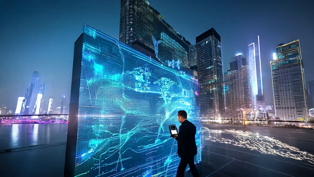 In a futuristic city, an entrepreneur monitors AI-optimized advertising performance using a smart device, showcasing the perfect combination of precision marketing and cost efficiency.