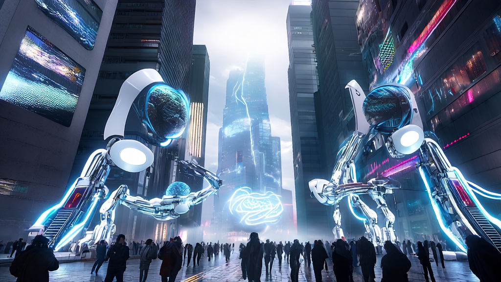 A futuristic city street where an AI robot holds a magnifying glass observing pedestrians, with smart billboards displaying personalized ads