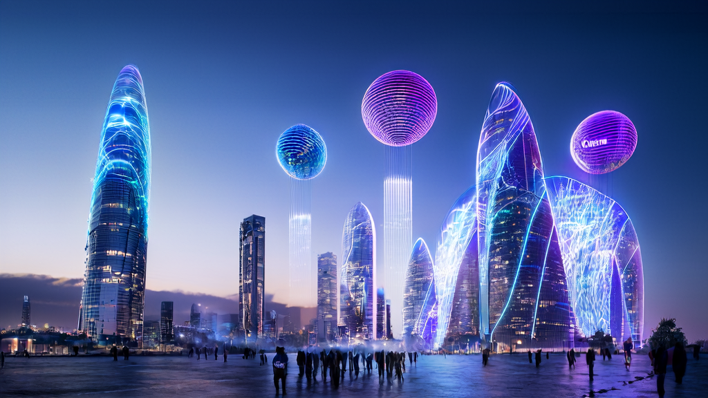 未来城市的数字屏幕展示Snap与Perplexity合作的AI广告投放数据，强调精准触达和降低CPA成本。