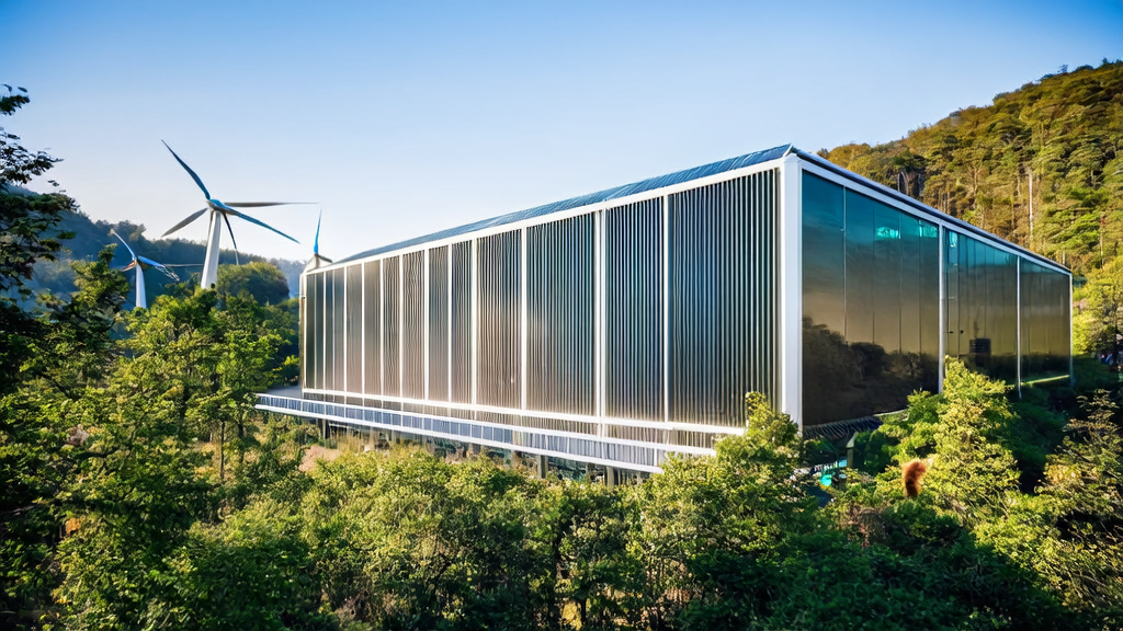 A modern data center harmonizes with nature, using renewable energy and AI technology for efficient advertising optimization.