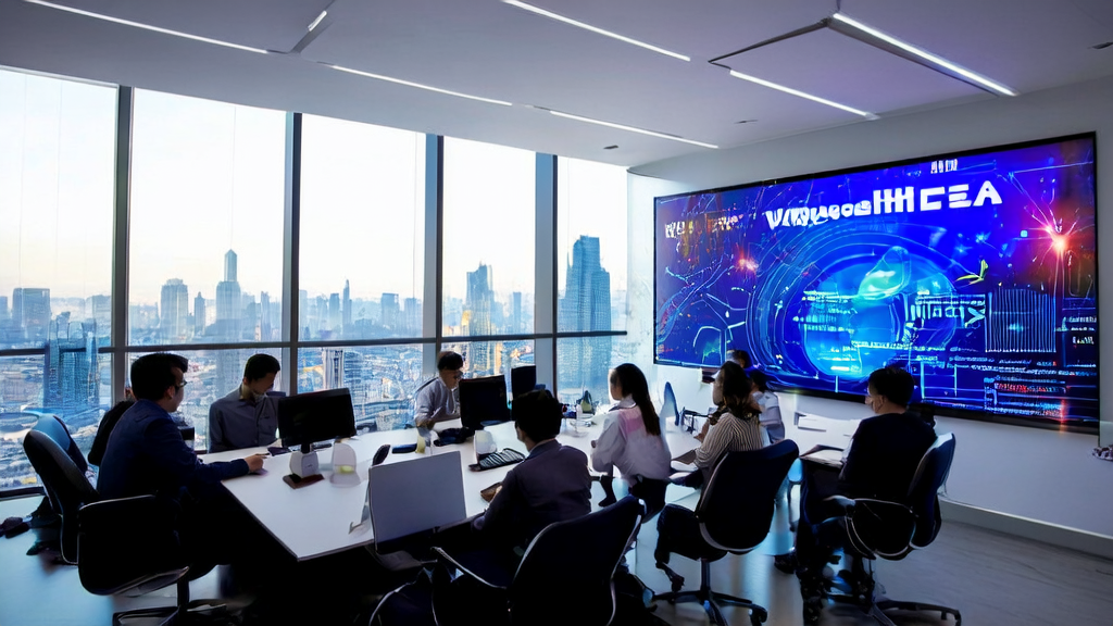 员工在现代化办公室中使用谷歌Gemini生成的PPT调整AI优化广告投放策略