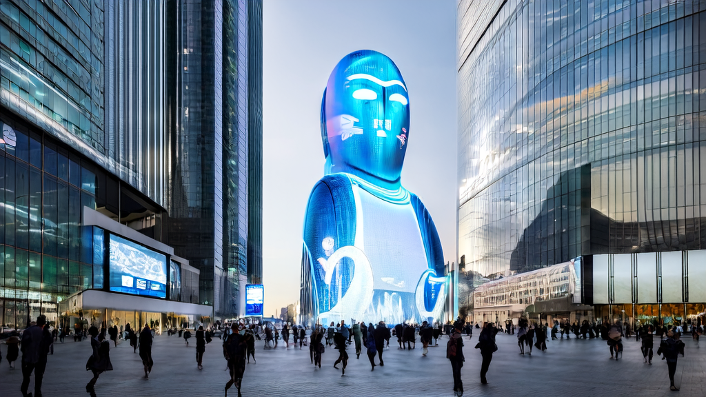 Scene of smart advertising in a futuristic city, showcasing how AI voice assistant Vida precisely targets audiences and reduces CPA