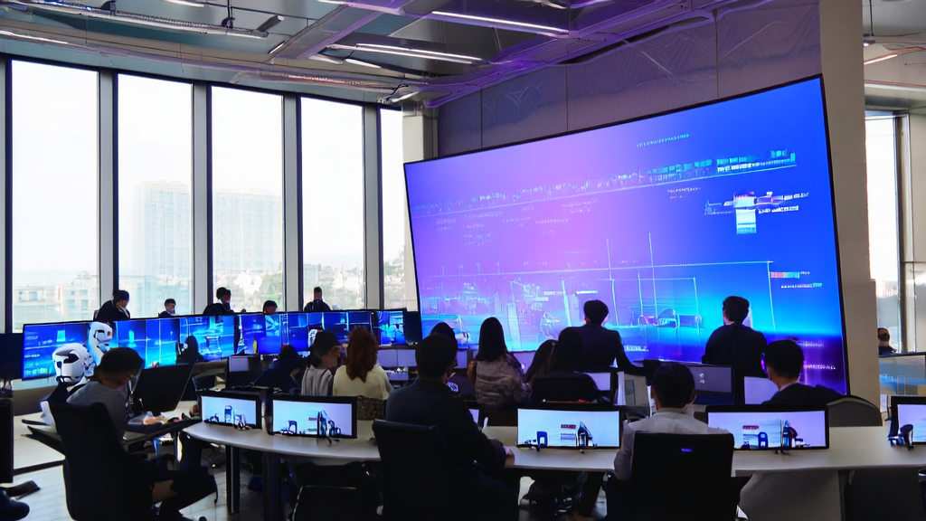 现代化办公室内工作人员讨论AI优化广告投放策略，屏幕上显示用户数据分析和投放路径，背景墙展示Anthropic与Snowflake合作海报。