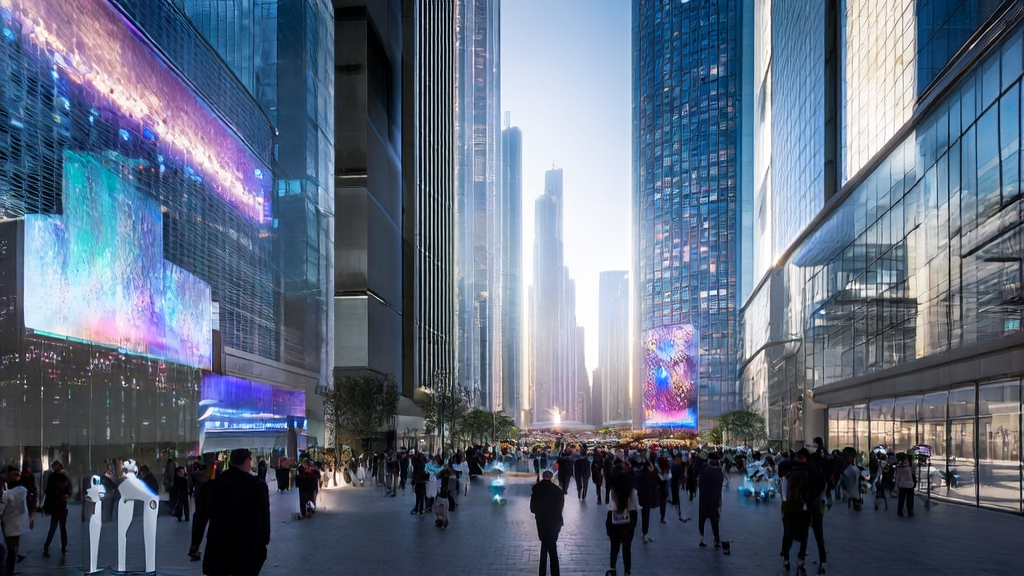 在一个充满未来感的城市中心,高楼大厦林立,玻璃幕墙反射着阳光,展示着AI优化广告投放的新时代。